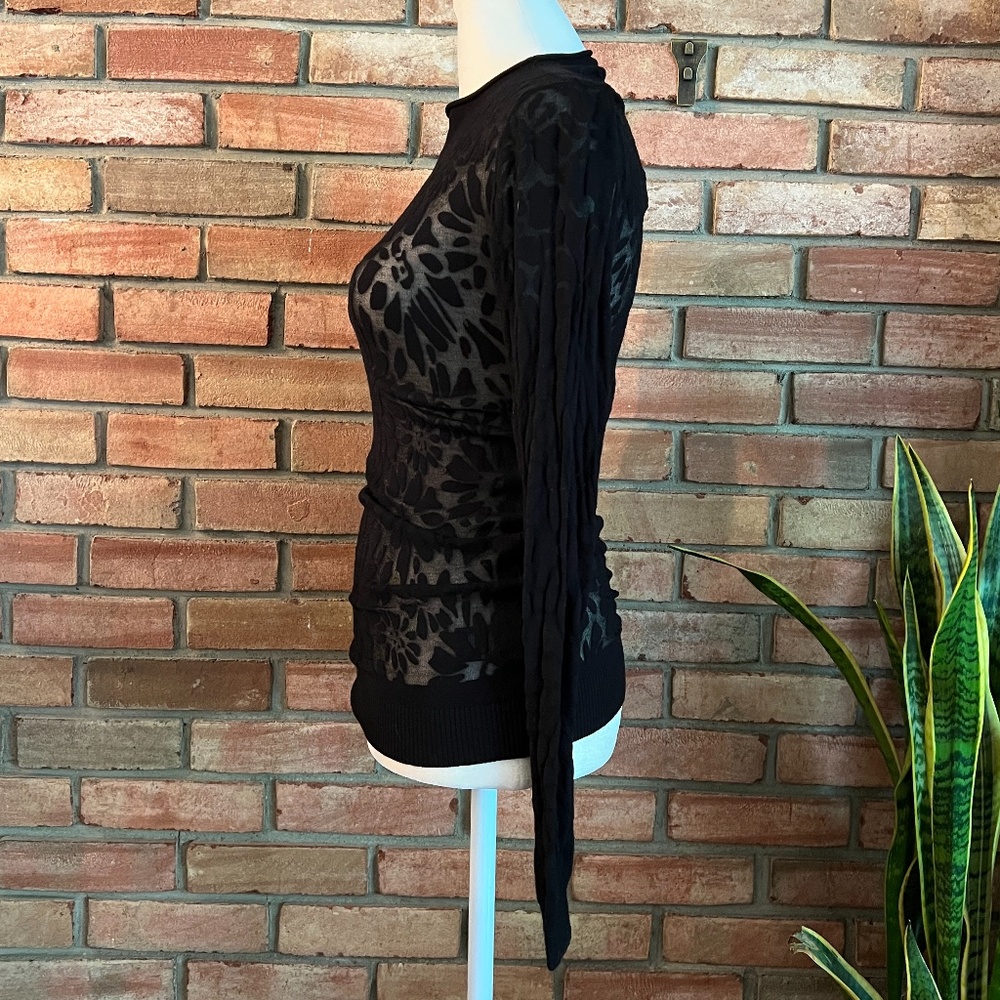 Current Air Los Angeles Anthropologie Long Sleeve Lacey Black Stretch Top Black - Picture 3 of 11